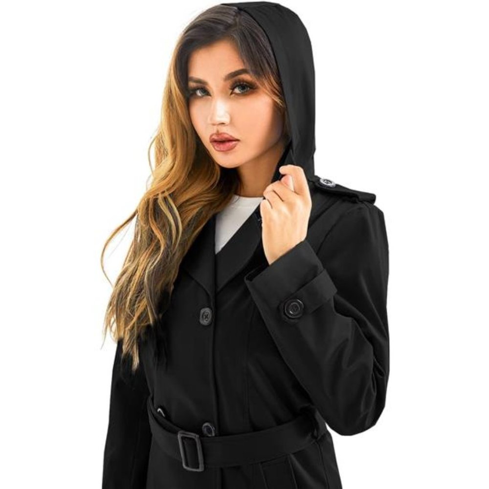Women's Long Waterproof Trench Coat Double Breasted Belted Coat with Hood - Picture 4 of 8